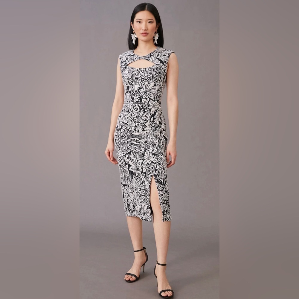 Anthropologie Jacquard Cut-Out Midi Dress In black and White Sz XS